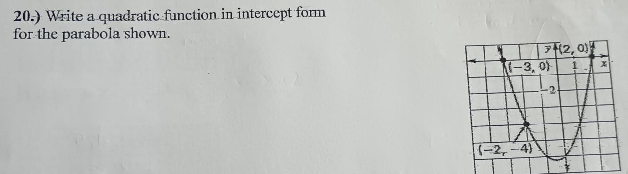 20.) Write a quadratic function in intercept form
for the parabola shown.