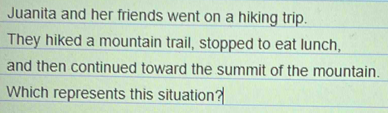 Juanita and her friends went on a hiking trip. 
They hiked a mountain trail, stopped to eat lunch, 
and then continued toward the summit of the mountain. 
Which represents this situation?