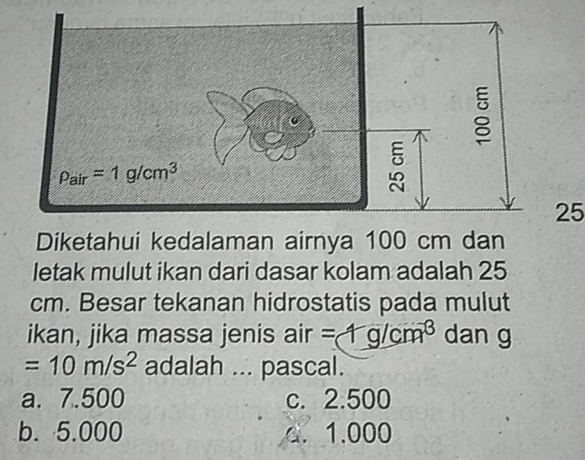 Diketahui kedalaman airnya 100 cm dan
letak mulut ikan dari dasar kolam adalah 25
cm. Besar tekanan hidrostatis pada mulut
ikan, jika massa jenis air =_ mg/cm^3 dan g
=10m/s^2 adalah ... pascal.
a. 7.500 c. 2.500
b. 5.000 a. 1.000