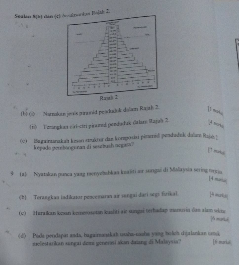 Soalan 8(b) dan (c)arkan Rajah 2. 
(b) (i) Namakan jenis piramid penduduk dalam Rajah 2. 
[1 markasn 
(ii) Terangkan ciri-ciri piramid penduduk dalam Rajah 2. 
[4 marks 
(c) Bagaimanakah kesan struktur dan komposisi piramid penduduk dalam Rajah 2 
kepada pembangunan di sesebuah negara? 
[7 marki] 
9 (a) Nyatakan punca yang menyebabkan kualiti air sungai di Malaysia sering terjejas. 
[4 markah] 
(b) Terangkan indikator pencemaran air sungai dari segi fizikal. [4 markuk] 
(c) Huraikan kesan kemerosotan kualiti air sungai terhadap manusia dan alam sekitar 
[6 murkañ] 
(d) Pada pendapat anda, bagaimanakah usaha-usaha yang bolch dijalankan untuk 
melestarikan sungai demi generasi akan datang di Malaysia? [6 markak]