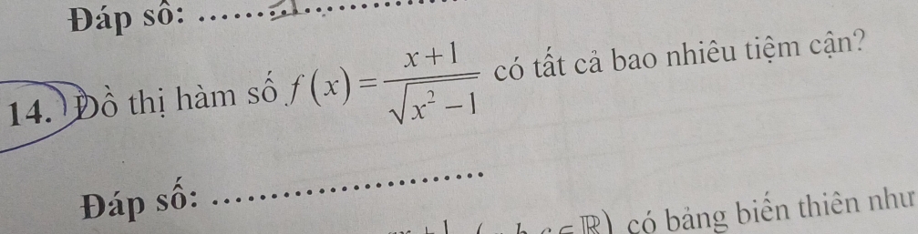 Đáp số:_ 
_ 
_ 
14. Đồ thị hàm số f(x)= (x+1)/sqrt(x^2-1)  có tất cả bao nhiêu tiệm cận? 
Đáp số: 
_ 
(m) có bảng biển thiên như