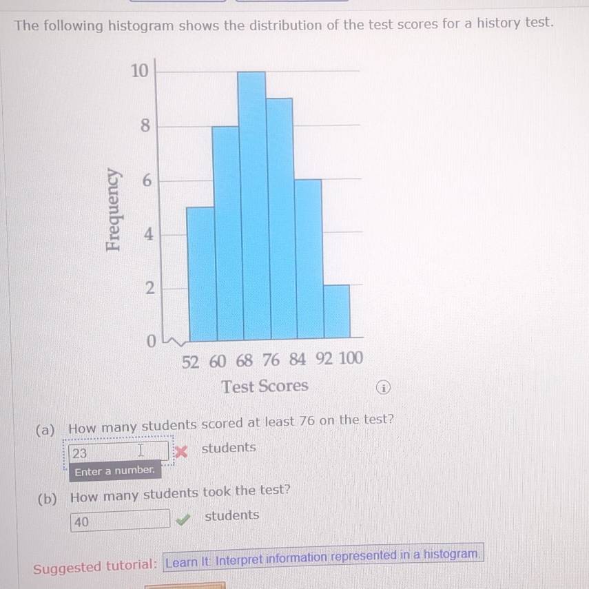 The following histogram shows the distribution of the test scores for a history test. 
(a) How many students scored at least 76 on the test?
23 students 
Enter a number. 
(b) How many students took the test?
40 students 
Suggested tutorial: Learn It: Interpret information represented in a histogram.