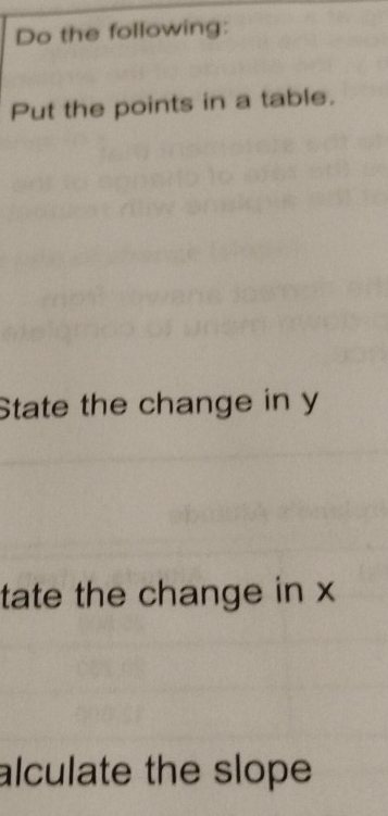 Do the following: 
Put the points in a table. 
State the change in y
tate the change in x
alculate the slope