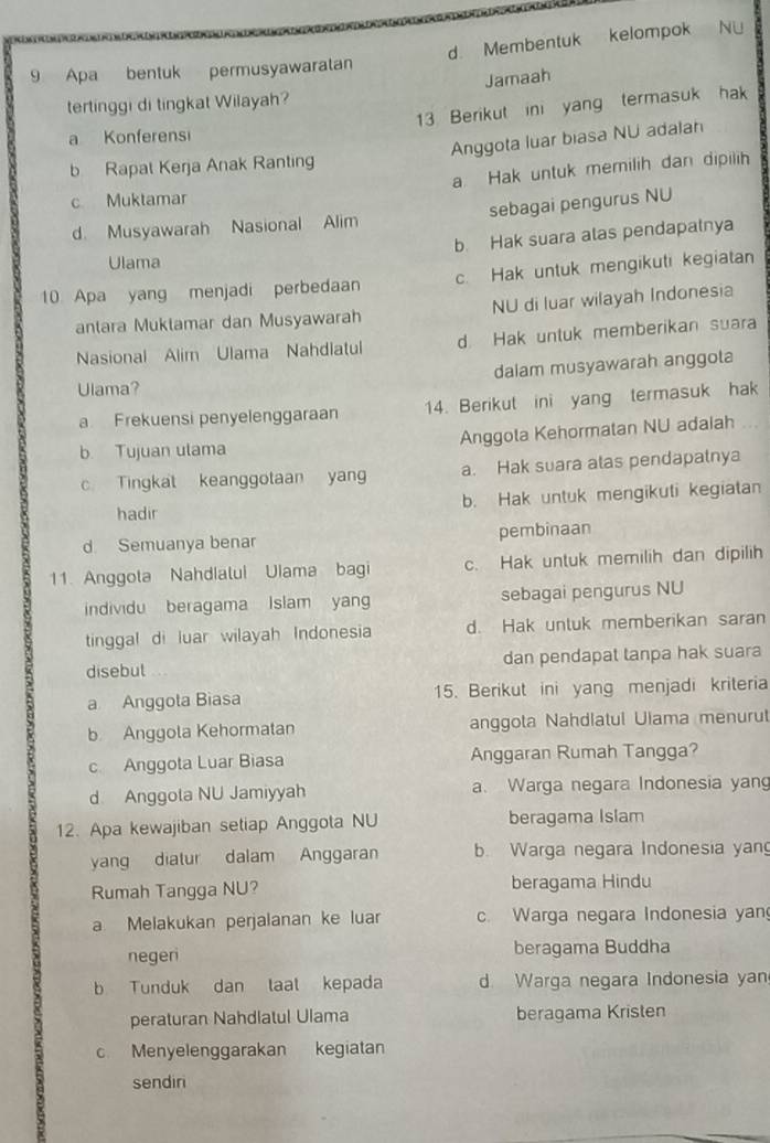 d. Membentuk kelompok Nü
9 Apa bentuk permusyawaratan
Jamaah
tertinggi di tingkat Wilayah?
13 Berikut ini yang termasuk hak
a Konferensi
Anggota luar biasa NU adalah
b Rapal Kerja Anak Ranting
a Hak untuk memilih dan dipilih
c Muktamar
d. Musyawarah Nasional Alim sebagai pengurus NU
b. Hak suara alas pendapalnya
Ulama
10 Apa yang menjadi perbedaan c. Hak untuk mengikuti kegiatan
antara Muklamar dan Musyawarah NU di luar wilayah Indonesia
Nasional Alim Ulama Nahdiatul d. Hak untuk memberikan suara
dalam musyawarah anggota
Ulama?
a Frekuensi penyelenggaraan 14. Berikut ini yang termasuk hak
b. Tujuan ulama Anggola Kehormatan NU adaiah
c Tingkat keanggotaan yang a. Hak suara alas pendapatnya
hadir b. Hak untuk mengikuti kegiatan
d Semuanya benar pembinaan
11. Anggota Nahdialui Ulama bagi c. Hak untuk memilih dan dipilih
individu beragama Islam yang sebagai pengurus NU
tinggal di luar wilayah Indonesia d. Hak unluk memberikan saran
disebut dan pendapat tanpa hak suara
a Anggota Biasa 15. Berikut ini yang menjadi kriteria
b Anggola Kehormatan anggota Nahdlatul Uiama menurut
c Anggota Luar Biasa Anggaran Rumah Tangga?
d Anggola NU Jamiyyah a. Warga negara Indonesia yan
12. Apa kewajiban setiap Anggota NU beragama Islam
yang diatur dalam Anggara b. Warga negara Indonesia yan
Rumah Tangga NU? beragama Hindu
a Melakukan perjalanan ke luar c. Warga negara Indonesia yan
negeri beragama Buddha
b Tunduk dan taal kepada d. Warga negara Indonesia yan
peraturan Nahdlatul Ulama beragama Kristen
c Menyelenggarakan kegiatan
sendiri