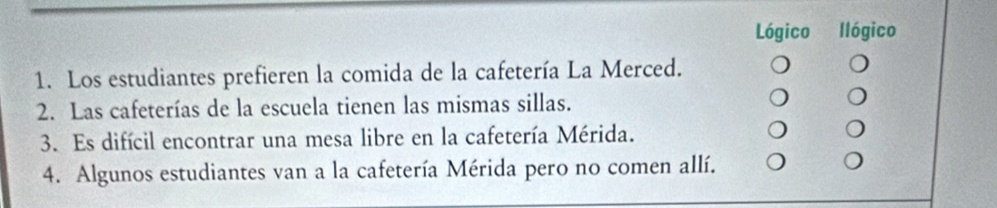 Lógico llógico 
1. Los estudiantes prefieren la comida de la cafetería La Merced. 
2. Las cafeterías de la escuela tienen las mismas sillas. 
3. Es difícil encontrar una mesa libre en la cafetería Mérida. 
4. Algunos estudiantes van a la cafetería Mérida pero no comen allí.