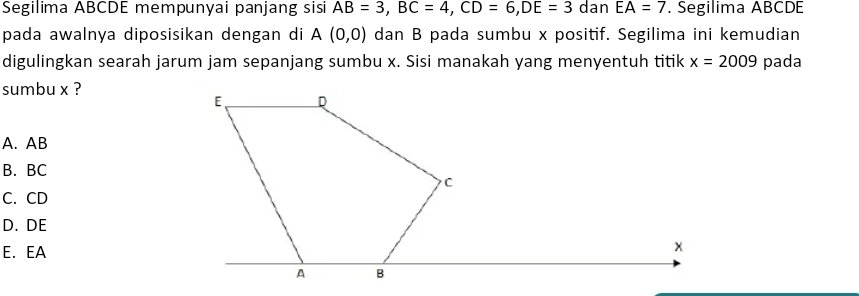 Segilima ABCDE mempunyai panjang sisi AB=3, BC=4, CD=6, DE=3 dan EA=7. Segilima ABCDE
pada awalnya diposisikan dengan di A(0,0) dan B pada sumbu x positif. Segilima ini kemudian
digulingkan searah jarum jam sepanjang sumbu x. Sisi manakah yang menyentuh titik x=2009 pada
sumbu x ?
A. AB
B. BC
C. CD
D. DE
E. EA