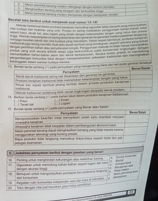 berikut untuk menjawab soal nomor 13-14! 
Metode tradisional dalam produksi kerajinan mencakup sejumlah fakta menarik yang menunjukkan 
nilai budaya dan keahlian yang unik. Proses ini sering melibatkan penggunaan bahan-bahan lokal 
seperti kayu, tanah liat, atau logam yang diolah dengan keterampilan tangan yang halus dan presisi 
tinggi. Warisan keterampilan ini sering diwariskan dari generasi ke generasi melalui pelatihan langsung 
menjaga keaslian teknik dan nilai budaya yang mendalam. Selain aspek teknisnya, produksi kerajinan 
tradisional juga sering memiliki ritual atau aspek spiritual yang terintegrasi, seperti upacara yang terkait 
dengan pemilihan bahan atau penyelesaian proyek. Penggunaan metode ini tidak hanya menciptakan 
produk yang unik secara artistik tetapi juga berkontribusi pada konservasi lingkungan dengan 
memanfaatkan bahan-bahan alami dan teknik berkelanjutan. Secara sosiai, praktik ini mendukung 
pengembangan komunitas lokal dengan mempertahankan pekerjaan tradisional dan meningkatkan 
kebanggaan dalam warisan budaya mereka. 
ung fakta dari tari pada gambar tersebut! 
14. Berikan tanda centang (✓) pada bahan lokal 
(...) Kayu (...) Emas 
(...) Tanah liat (...) Logam 
ataan yang Benar atau Salah! 
an Kewirausahaan XI untuk SMAMA