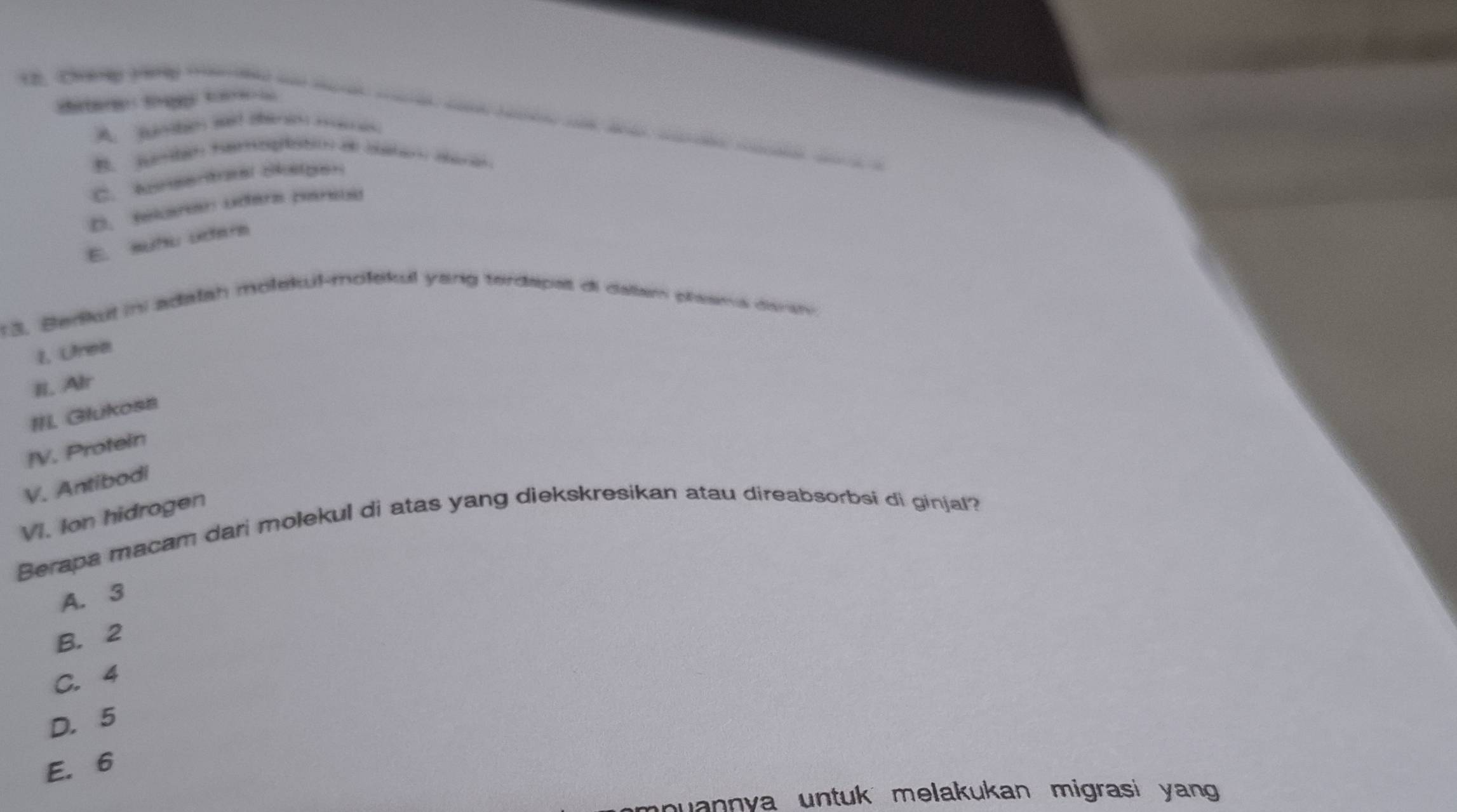 A snhn sad shenim noms
B. S ta go d a arn
C.Konsertaal Skatger
D. Sekrean udera pareiso
E. sufu udere
13. Bedkut in adalah molekul-molekul yang terdapat di dallam plaama dan 
I, Ufrea
Ii. Alr
III Glukosa
IV. Protein
V. Antibodi
Berapa macam dari molekul di atas yang diekskresikan atau direabsorbsi di ginjal? VI. Ion hidrogen
A. 3
B. 2
C. 4
D. 5
E. 6
puannya untuk melakukan migrasi yang