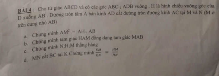 BÀL4 : Cho tứ giác ABCD và có các góc ABC; ADB vuông . H là hình chiếu vuỡng góc của
D xuống AB. Đường tròn tâm A bán kính AD cắt đường tròn đường kính AC tại M và N (M ở
trên cung nhỏ AB)
a. Chưng minh AM^2=AH· AB
b. Chứng minh tam giác HAM đồng dạng tam giác MAB
c. Chứng minh N; H; M thắng háng
d. MN cắt BC tại K Chứng minh  KM/KN = HM/HN 