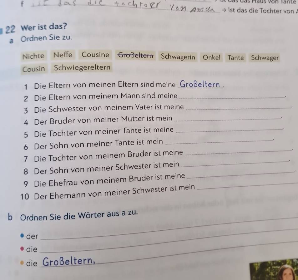 st das die Tochter von
22 Wer ist das? 
a Ordnen Sie zu. 
Nichte Neffe Cousine Großeltern Schwägerin Onkel Tante Schwager 
Cousin Schwiegereltern 
1 Die Eltern von meinen Eltern sind meine _Großeltern . 
2 Die Eltern von meinem Mann sind meine_ 
3 Die Schwester von meinem Vater ist meine_ 
. 
4 Der Bruder von meiner Mutter ist mein_ 
. 
5 Die Tochter von meiner Tante ist meine_ 
. 
6 Der Sohn von meiner Tante ist mein_ 
7 Die Tochter von meinem Bruder ist meine 
_. 
_. 
_ 
8 Der Sohn von meiner Schwester ist mein 
9 Die Ehefrau von meinem Bruder ist meine_ 
10 Der Ehemann von meiner Schwester ist mein 
_ 
b Ordnen Sie die Wörter aus a zu. 
_ 
der 
die 
_ 
die Großelter