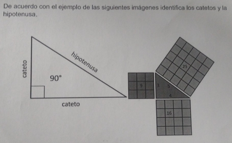 De acuerdo con el ejemplo de las siguientes imágenes identifica los catetos y la
hipotenusa.
25
9 3 5
4
16