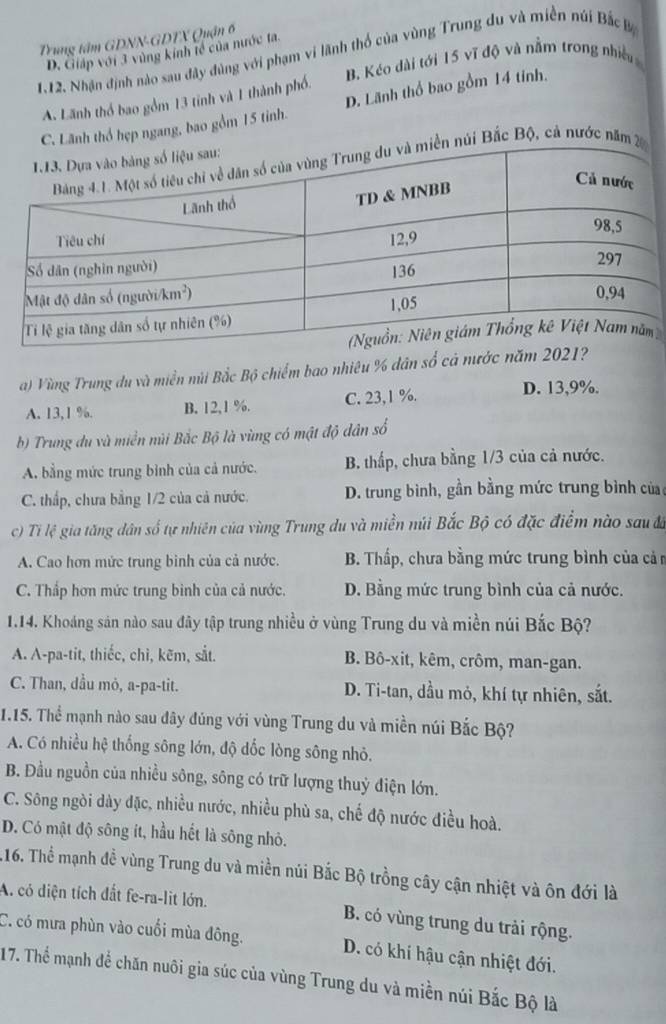 Trung tâm GDNN-GDTX Quận 6
D. Giáp với 3 vùng kính tế của nước ta
1.12. Nhận định nào sau đây đùng với phạm vi lãnh thổ của vùng Trung du và miền núi Bắc B
B. Kéo dài tới 15 vĩ độ và nằm trong nhiều
A. Lãnh thổ bao gồm 13 tinh và 1 thành phố.
C. Lãnh thổ hẹp ngang, bao gồm 15 tinh. D. Lãnh thổ bao gồm 14 tinh.
núi Bắc Bộ, cả nước năm 
m
a) Vùng Trung du và miền núi Bắc Bộ chiếm bao nhiêu % dân số cả nước năm 2021?
A. 13,1 %. B. 12,1 %. C. 23,1 %.
D. 13,9%.
b) Trung du và miền núi Bắc Bộ là vùng có mật độ dân số
A. bằng mức trung bình của cả nước. B. thấp, chưa bằng 1/3 của cả nước.
C. thấp, chưa bằng 1/2 của cả nước. D. trung bình, gần bằng mức trung bình của
c) Tỉ lệ gia tăng dân số tự nhiên của vùng Trung du và miền núi Bắc Bộ có đặc điểm nào sau đã
A. Cao hơn mức trung bình của cả nước. B. Thấp, chưa bằng mức trung bình của cản
C. Thắp hơn mức trung bình của cả nước. D. Bằng mức trung bình của cả nước.
1.14. Khoáng sản nào sau đây tập trung nhiều ở vùng Trung du và miền núi Bắc Bộ?
A. A-pa-tit, thiếc, chì, kẽm, sắt. B. Bô-xit, kêm, crôm, man-gan.
C. Than, dầu mỏ, a-pa-tit. D. Ti-tan, dầu mỏ, khí tự nhiên, sắt.
1.15. Thể mạnh nào sau đây đúng với vùng Trung du và miền núi Bắc Bộ?
A. Có nhiều hệ thống sông lớn, độ dốc lòng sông nhỏ.
B. Đầu nguồn của nhiều sông, sông có trữ lượng thuỷ diện lớn.
C. Sông ngòi dày đặc, nhiều nước, nhiều phù sa, chế độ nước điều hoà.
D. Có mật độ sông ít, hầu hết là sông nhỏ.
116. Thể mạnh đề vùng Trung du và miền núi Bắc Bộ trồng cây cận nhiệt và ôn đới là
A. có diện tích đất fe-ra-lit lớn. B. có vùng trung du trải rộng.
C. có mưa phùn vào cuối mùa đông. D. có khí hậu cận nhiệt đới.
17. Thể mạnh để chăn nuôi gia súc của vùng Trung du và miền núi Bắc Bộ là