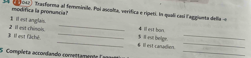 34 042) Trasforma al femminile. Poi ascolta, verifica e ripeti. In quali casi l’aggiunta della -e modifica la pronuncia? 
1 Il est anglais. _4 Il est bon. 
2 Il est chinois. _5 Il est belge. 
3 Il est fâché. _6 Il est canadien.__ 
5 Completa accordando correttamente l'aggα 
_