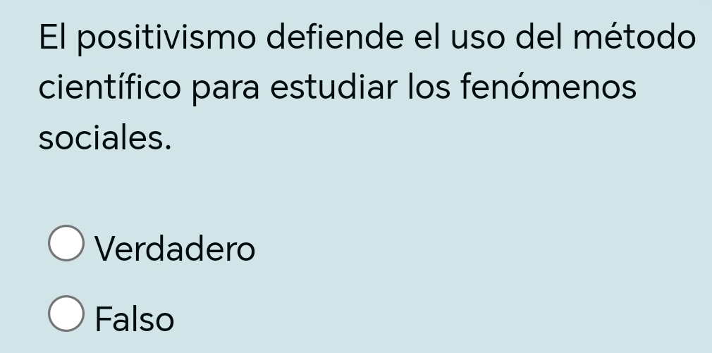 El positivismo defiende el uso del método
científico para estudiar los fenómenos
sociales.
Verdadero
Falso