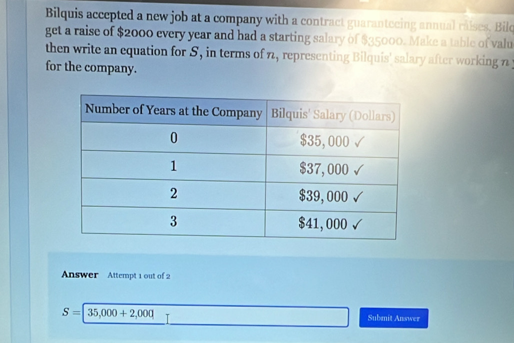 Bilquis accepted a new job at a company with a contract guarantecing annual raises. Bilo 
get a raise of $2000 every year and had a starting salary of $35000. Make a table of valu 
then write an equation for S, in terms of 7, representing Bilquis' salary after working n 
for the company. 
Answer Attempt 1 out of 2
S=|35,000+2,000| Submit Answer