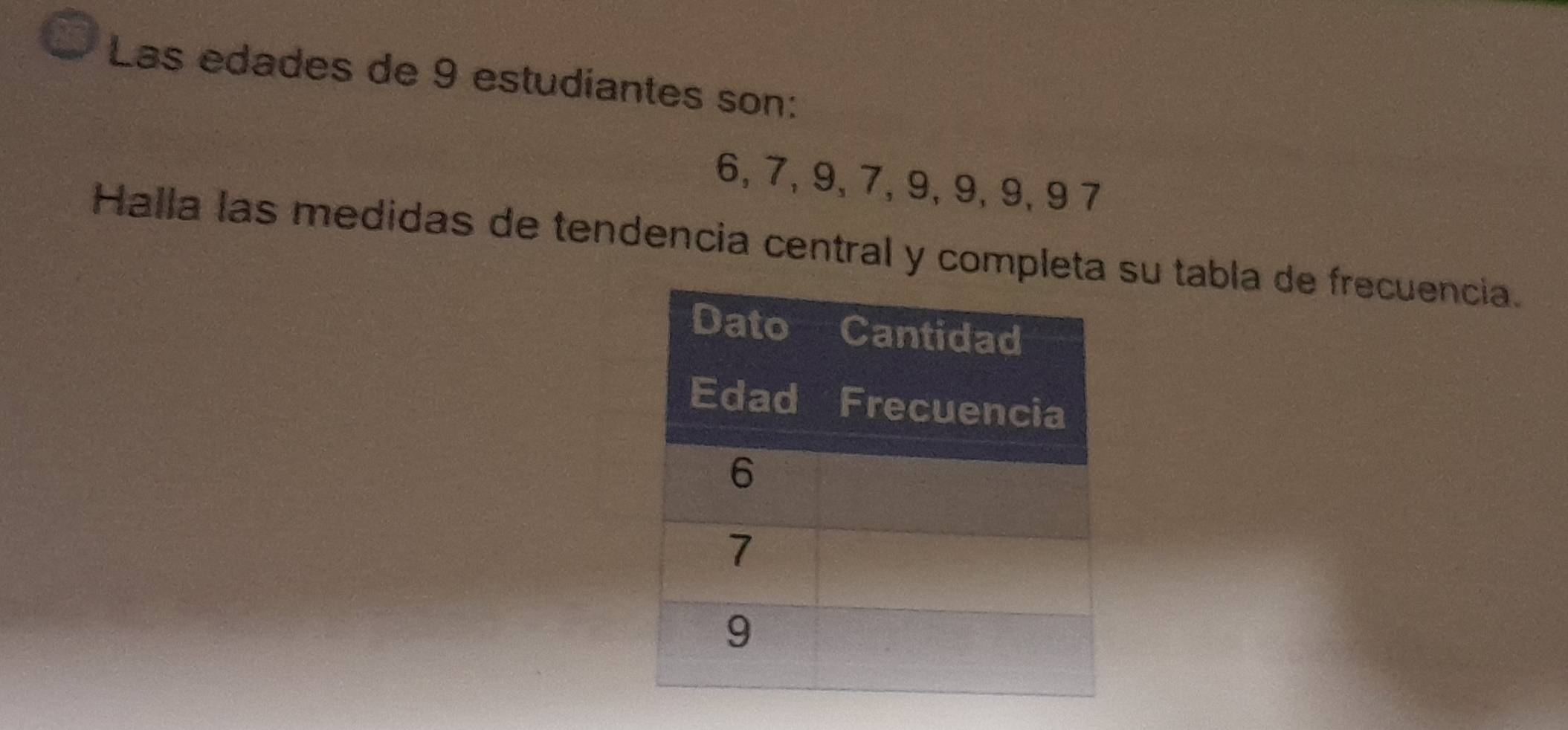 Las edades de 9 estudiantes son:
6, 7, 9, 7, 9, 9, 9, 9 7 
Halla las medidas de tendencia central y completa su tabla de frecuencia.