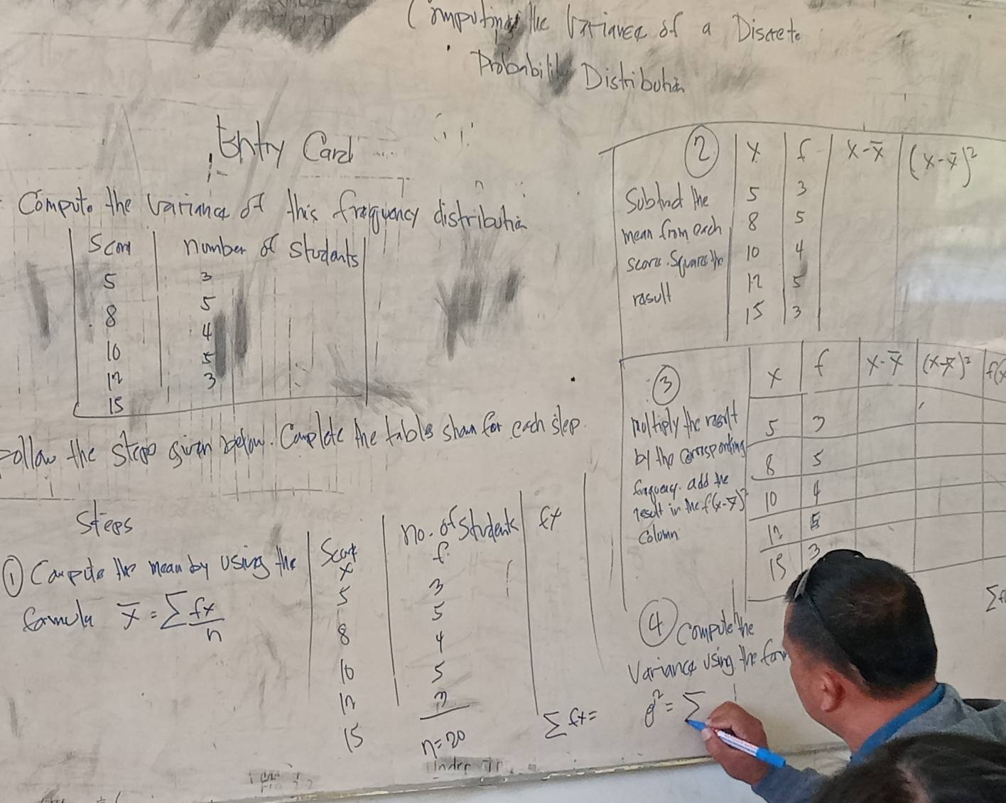 (impotinalle briavea of a Discreto 
proombily Dishiboh 
ontry Card 2 x-overline x (x-overline x)^2
Compute the Varina of this froguanc distribuha 
Sobhod the 5 3
mean from each
8 5
4
scors. Suans ey 10
rosull 12
15 3
X f x-overline x (x-overline x)^2 flx 
ollow the stop svin beliow. Caoplate the tble shan for exchske nol thely the reselt 5 ? 
by the cemsponding 
Enguay add the 8 s 
stees 
no. of shdeck ft lesult in M (f(x-7)^2 10 4
①Campdle the mean by using fhe Scor colon
12
3
x
13
Camela overline x=sumlimits  fx/n 
5
It
8
4
④ comple tie
10 5
Varanc using the far 
In m 
Ifr= θ^2=sumlimits
15 eta =20
