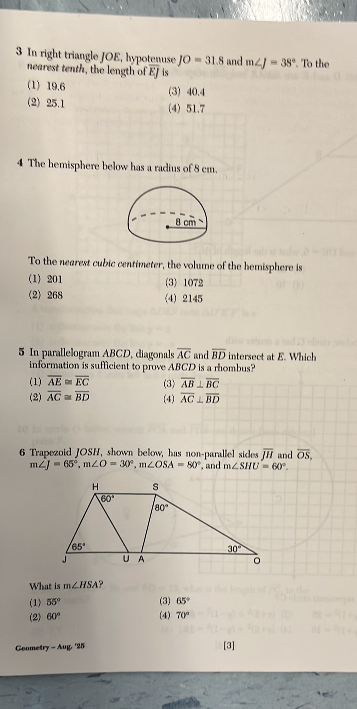 Solved: In right triangle JOE, hypotenuse JO=31.8 and m∠ J=38°. To the ...