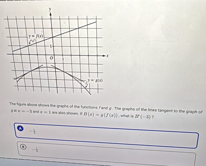 The figure above shows the graphs of the functions f and g. The graphs of the lines tangent to the graph of
gat x=-3 and x=1 are also shown. If B(x)=g(f(x)) , what is B'(-3) ?
a - 1/2 
B
- 1/6 