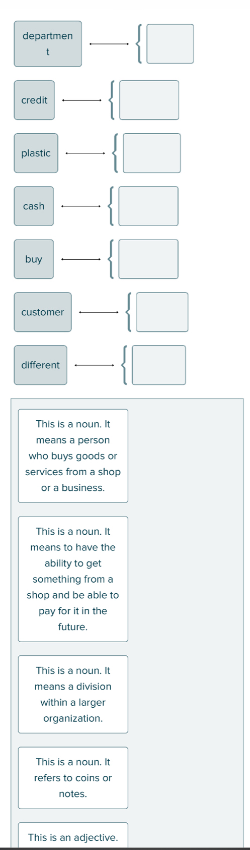 departmen
t
_  □ 
credit _  □ 
plastic _  □ 
cash
_  □ 
buy _  □ 
customer _  □ 
different
 □
This is a noun. It
means a person
who buys goods or
services from a shop
or a business.
This is a noun. It
means to have the
ability to get
something from a
shop and be able to
pay for it in the
future.
This is a noun. It
means a division
within a larger
organization.
This is a noun. It
refers to coins or
notes.
This is an adjective.