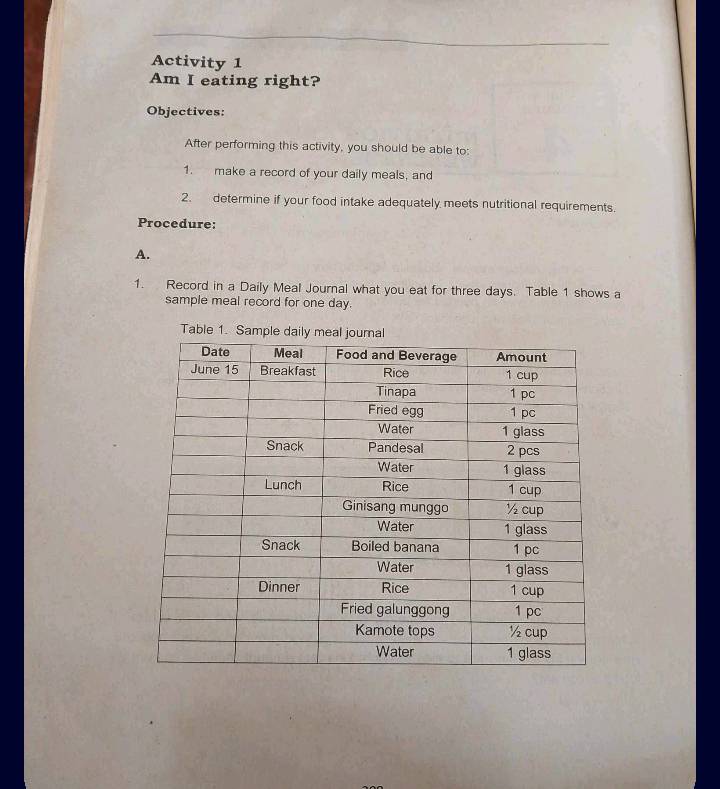 Activity 1 
Am I eating right? 
Objectives: 
After performing this activity, you should be able to: 
1. make a record of your daily meals, and 
2. determine if your food intake adequately meets nutritional requirements. 
Procedure: 
A. 
1. Record in a Daily Meal Journal what you eat for three days. Table 1 shows a 
sample meal record for one day. 
Table 1. Sam