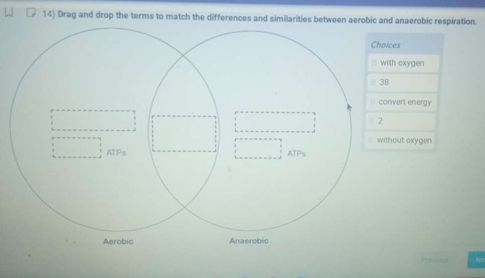 Drag and drop the terms to match the differences and similarities between aerobic and anaerobic respiration.
s
oxygen
ert energy
ut oxygen
Previous Ne