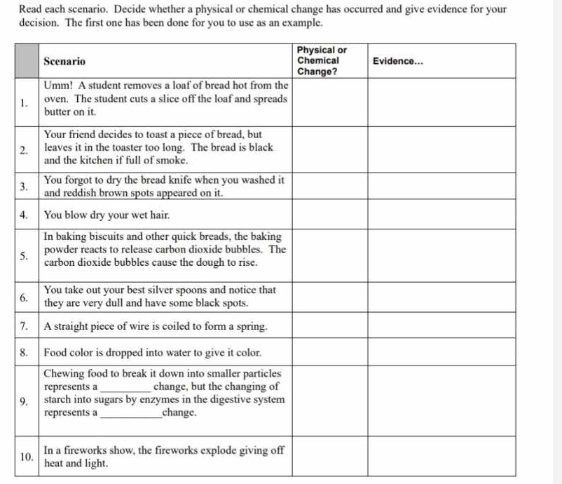 Read each scenario. Decide whether a physical or chemical change has occurred and give evidence for your 
decision. The first one has been done for you to use as an example.
1
2
3
4
5
6
7
8
9
1
heat and light.