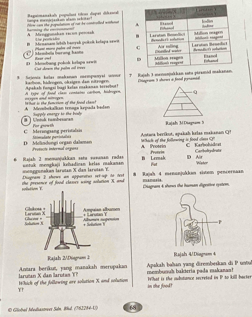 Bagaimanakah populasi tikus dapat dikawal 
tanpa menjejaskan alam sekitar? 
How can the population of rat be controlled without ^
harming the environment?
A Menggunakan racun perosak
B
Use pesticides
B Menanam lebih banyak pokok kelapa sawit 
Plant more palm oil trees
C
C   Membela burung hantu 
Rear owl
D
D Menebang pokok kelapa sawit
Cut down the palm oil trees
5 Sejenis kelas makanan mempunyai unsur 7 Rajah 3 menunjukkan satu piram
karbon, hidrogen, oksigen dan nitrogen. Diagram 3 shows a food pyramid.
Apakah fungsi bagi kelas makanan tersebut?
A type of food class contains carbon, hidrogen,
Q
oxygen and nitrogen.
What is the function of the food class?
A Membekalkan tenaga kepada badan
Supply energy to the body
B  Untuk tumbesaran
For growth Rajah 3/Diagram 3
C Merangsang peristalsis
Stimulate peristalsis Antara berikut, apakah kelas makanan Q?
D Melindungi organ dalaman Which of the following is food class Q?
Protects internal organs A Protein C Karbohidrat
Protein Carbohydrate
6 Rajah 2 menunjukkan satu susunan radas B Lemak D Air
untuk mengkaji kehadiran kelas makanan Fat Water
menggunakan larutan X dan larutan Y.
Diagram 2 shows an apparatus set-up to test 8 Rajah 4 menunjukkan sistem pencernaan
the presence of food classes using solution X and manusia.
solution Y. Diagram 4 shows the human digestive system,
P
Rajah 2/Diagram 2 Rajah 4/Diagram 4
Antara berikut, yang manakah merupakan Apakah bahan yang dirembeskan di P untul
larutan X dan larutan Y? membunuh bakteria pada makanan?
Which of the following are solution X and solution What is the substance secreted in P to kill bacter
Y?
in the food?
Global Mediastreet Sdn. Bhd. (762284-U) 68