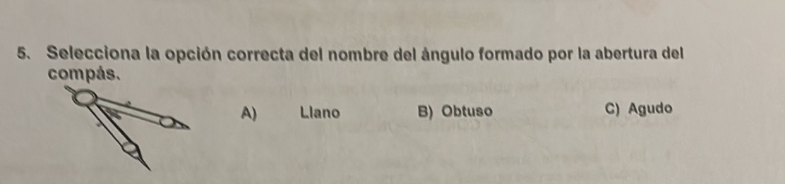 Selecciona la opción correcta del nombre del ángulo formado por la abertura del
com pás.
A) Llano B) Obtuso C) Agudo