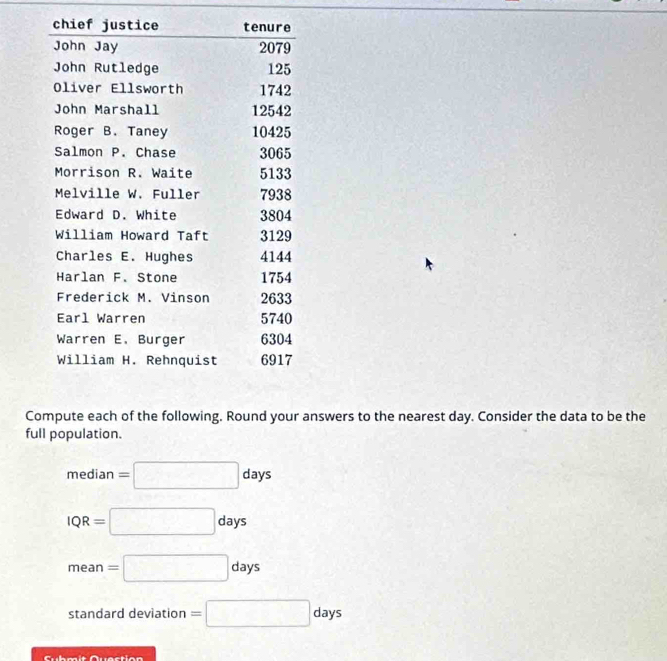 Compute each of the following. Round your answers to the nearest day. Consider the data to be the
full population.
median=□ days
IQR=□ days
mean=□ days
standard deviation =□ days
Cubmit Quection