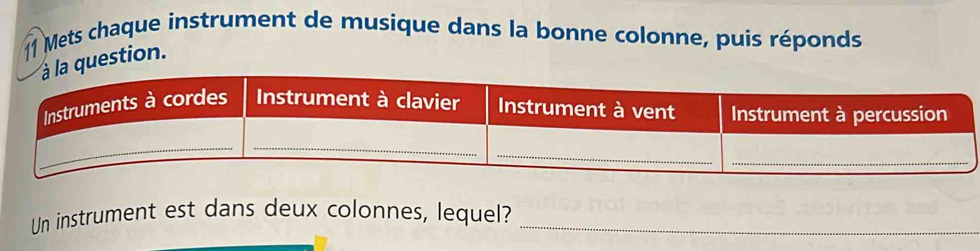 Mets chaque instrument de musique dans la bonne colonne, puis réponds 
question. 
Un instrument est dans deux colonnes, lequel?_