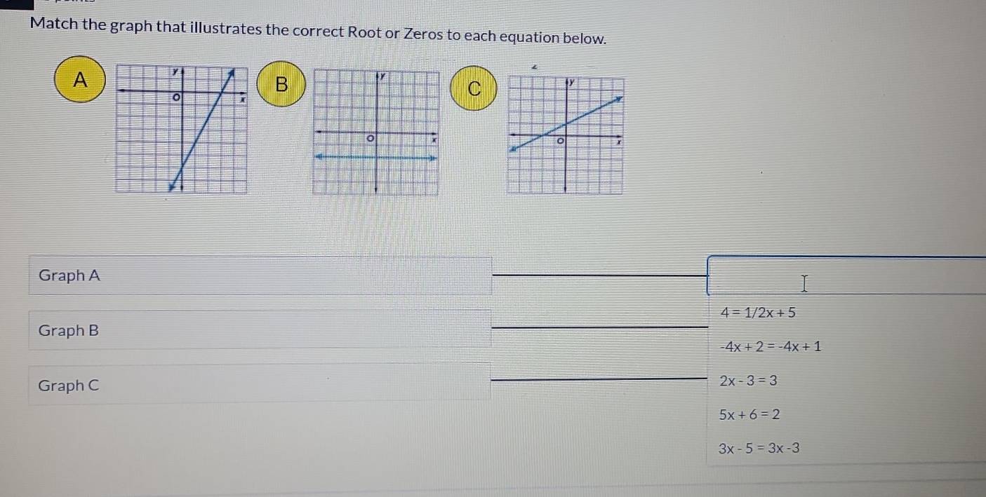 Match the graph that illustrates the correct Root or Zeros to each equation below.
A
‘
B
C
Graph A
4=1/2x+5
Graph B
-4x+2=-4x+1
Graph C
2x-3=3
5x+6=2
3x-5=3x-3