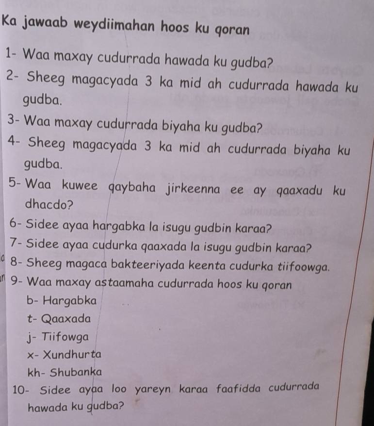 Ka jawaab weydiimahan hoos ku qoran 
1- Waa maxay cudurrada hawada ku gudba? 
2- Sheeg magacyada 3 ka mid ah cudurrada hawada ku 
gudba. 
3- Waa maxay cudurrada biyaha ku gudba? 
4- Sheeg magacyada 3 ka mid ah cudurrada biyaha ku 
gudba. 
5- Waa kuwee qaybaha jirkeenna ee ay qaaxadu ku 
dhacdo? 
6- Sidee ayaa hargabka la isugu gudbin karaa? 
7- Sidee ayaa cudurka qaaxada la isugu gudbin karaa? 
8- Sheeg magaca bakteeriyada keenta cudurka tiifoowga. 
9- Waa maxay astaamaha cudurrada hoos ku qoran 
b- Hargabka 
t- Qaaxada 
j- Tiifowga 
x- Xundhurta 
kh- Shubanka 
10- Sidee ayaa loo yareyn karaa faafidda cudurrada 
hawada ku gudba?