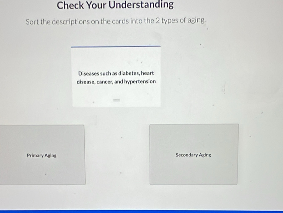 Check Your Understanding 
Sort the descriptions on the cards into the 2 types of aging. 
Diseases such as diabetes, heart 
disease, cancer, and hypertension 
= 
Primary Aging Secondary Aging