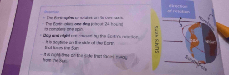 Ratation 
The Earth spins or rotates on its own axis. 
The Earth takes one day (about 24 hours) 
to complete one spin.
Day and night are caused by the Earth's rotation. 
- It is daytime on the side of the Earth 
that faces the Sun. 
— It is night-time on the side that faces away 
from the Sun.