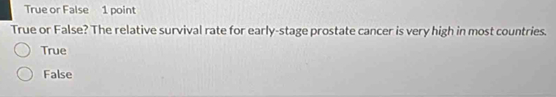 True or False 1 point
True or False? The relative survival rate for early-stage prostate cancer is very high in most countries.
True
False