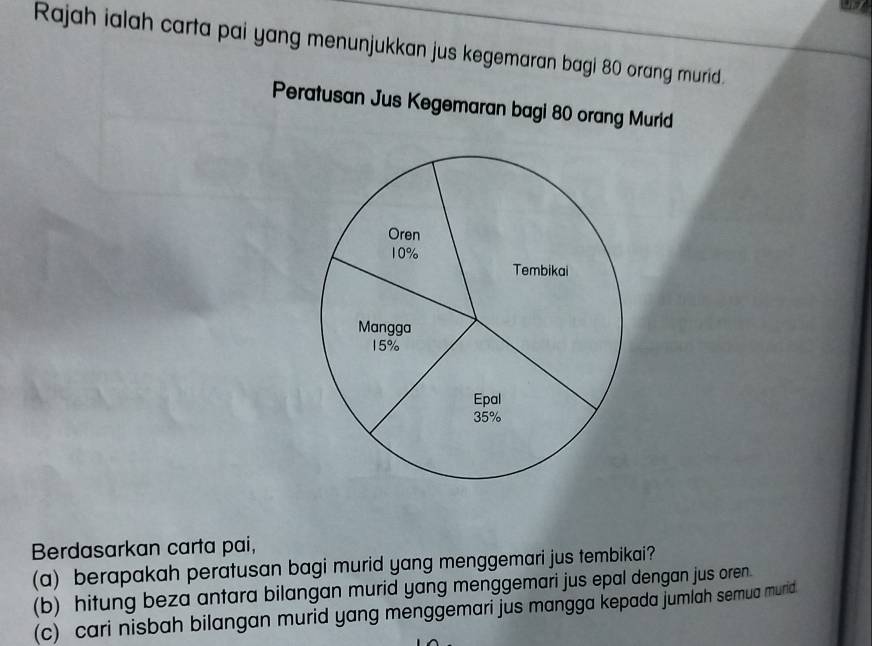 Rajah ialah carta pai yang menunjukkan jus kegemaran bagi 80 orang murid. 
Peratusan Jus Kegemaran bagi 80 orang Murid 
Berdasarkan carta pai, 
(a) berapakah peratusan bagi murid yang menggemari jus tembikai? 
(b) hitung beza antara bilangan murid yang menggemari jus epal dengan jus oren 
(c) cari nisbah bilangan murid yang menggemari jus mangga kepada jumlah semua murid