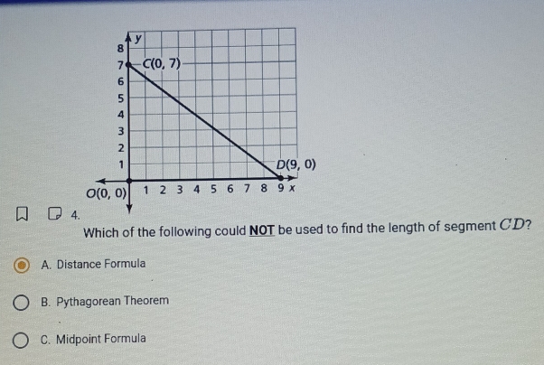 Which of the following could NOT be used to find the length of segment CD?
A. Distance Formula
B. Pythagorean Theorem
C. Midpoint Formula