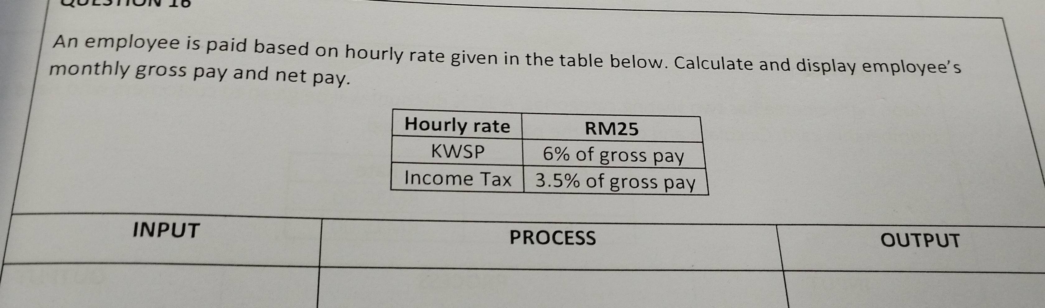 An employee is paid based on hourly rate given in the table below. Calculate and display employee’s 
monthly gross pay and net pay.