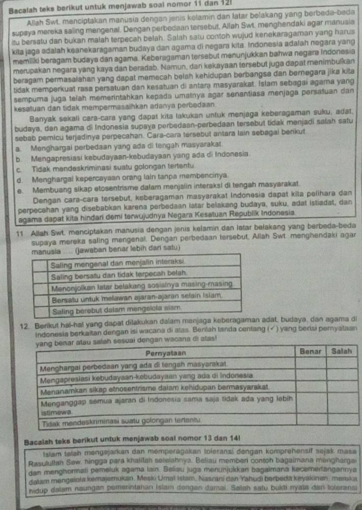 Bacalah teks berikut untuk menjawab soal nomor 11 dan 12
Allah Swt. manciptakan manusia dengan jenis kelamin dan latar belakang yang berbeda-beda
supaya mereka saling mengenal. Dengan perbedaan tersebut, Allah Swt. menghendaki agar manusia
itu bersetu dan bukan malah terpecah belah. Salah satu contoh wujud kenekaragaman yang harus
kita jaga adalah keanekaragaman budaya dan agama di negara kita. Indonesia adalah negara yan
memiliki beragam budaya dan agama. Keberagaman tersebut menunjukkan bahwa negara Indonesia
merupakan negara yang kaya dan beradab. Namun, dari kekayaan tersebut juga dapat menimbulkan
beragam permasalahan yang dapat memecah belah kehidupan berbangsa dan bernegara jika kita
tidak memperkuat rasa persatuan dan kesatuan di antara masyarakat. Islam sebagai agama yang
sempura juga telah memerintahkan kepada umatnya agar senantiasa menjaga persatuan dan
kesatuan dan tidak mempermasalhkan adanya perbedaan
Banyak sekali cara-cara yang dapat kita lakukan untuk menjaga keberagaman suku, adat,
budaya, dan agama di Indonesia supaya perbedaan-perbedaan tersebut tidak menjadi salah satu
sebab pemicu terjadinya perpecahan. Cara-cara tersebut antara lain sebagai berikut
a. Menghargai perbedaan yang ada di tengah masyarakat.
b. Mengapresiasi kebudayaan-kebudayaan yang ada di Indonesia.
c. Tidak mendeskriminasi suatu golongan tertentu
d. Menghargal kepercayaan orang lain tanpa membencinya.
e. Membuang sikap etosentrisme dalam menjalin interaksi di tengah masyarakat.
Dengan cara-cara tersebut, keberagaman masyarakat Indonesia dapat kita pelihara dan
perpecahan yang disebabkan karena perbedaan latar belakang budaya, suku, adat istiadat, dan
agama dapat kita hindari demi terwujudnya Negara Kesatuan Republik Indonesia
11 Allah Swt. manciptakan manusia dengan jenis kelamin dan latar belakang yang berbeda-beda
supaya mereka saling mengenal. Dengan perbedaan tersebut, Allah Swt. menghendaki agar
benar lebih dari satu)
12. Berikut ha!-hal yang dapat dilakukan dalam manjaga keberagaman adat, budaya, dan agama di
Indonesia berkaitan dengan isi wacana di atas. Beniah tanda centang (√ ) yang berisi pernyataan
ngan wacana di atas!
Bacalah teks berikut untuk menjawab soal nomor 13 dan 14!
Islam teiah mengejarkan dan memperagakan Ioleransi dengan komprehensif sejak masa
Rasulullah Saw, hingga para khalifah seleiahnya, Beliau member contoh bagaimana menghargai
dan menghormali pemeluk agama lain. Beliau juga menunjukkan bagalmana kecemerlangannya
dalam mengelola kemajemukan. Meski Umat Islam. Nasrani dan Yahudi berbeda keyakinan, merska
hidup dalam naungan pemerintahan Islam dengan damai. Saïah satu bukti nyata dan toleransi