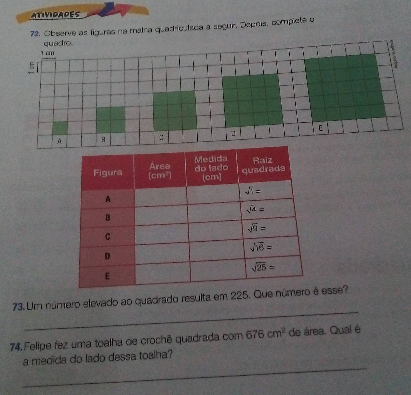 ATIVIDADES
72. Observe as figuras na malha quadriculada a seguir. Depois, complete o
quadro.
1 cm
5I
E
A
B
C
D
_
73. Um número elevado ao quadrado resulta em 225. Que esse?
74. Felipe fez uma toalha de crochê quadrada com 676cm^2 de área. Qual é
_
a medida do lado dessa toalha?