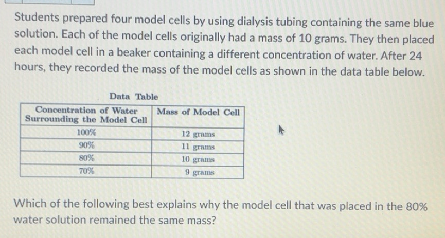 Solved: Students prepared four model cells by using dialysis tubing ...