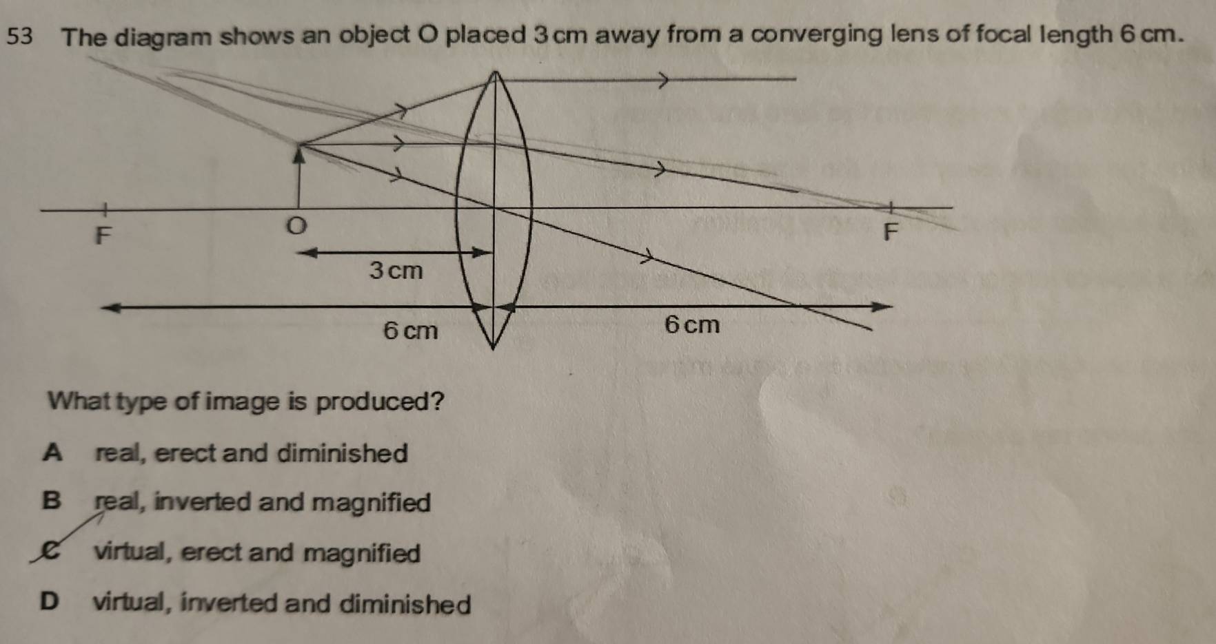 The diagram shows an object O placed 3 cm away from a converging lens of focal length 6 cm.
F
0
F
3 cm
6 cm 6 cm
What type of image is produced?
A real, erect and diminished
B real, inverted and magnified
C virtual, erect and magnified
D virtual, inverted and diminished