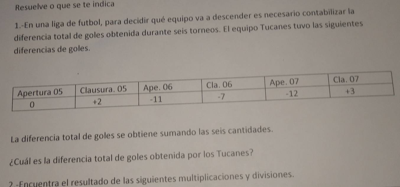 Resuelve o que se te indica 
1.-En una liga de futbol, para decidir qué equipo va a descender es necesario contabilizar la 
diferencia total de goles obtenida durante seis torneos. El equipo Tucanes tuvo las siguientes 
diferencias de goles. 
La diferencia total de goles se obtiene sumando las seis cantidades. 
¿Cuál es la diferencia total de goles obtenida por los Tucanes? 
2 -Encuentra el resultado de las siguientes multiplicaciones y divisiones.