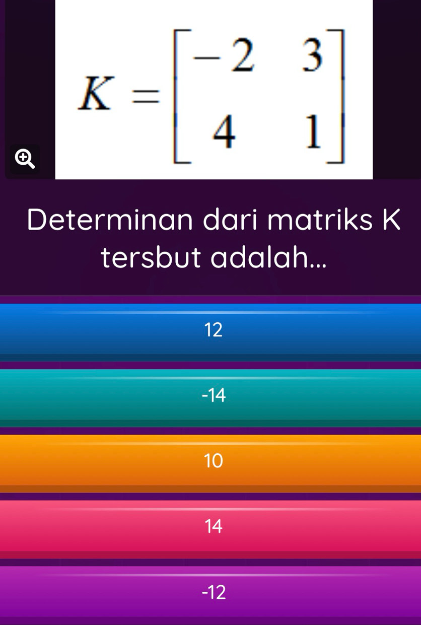 K=beginbmatrix -2&3 4&1endbmatrix
Determinan dari matriks K
tersbut adalah...
12
-14
10
14
-12