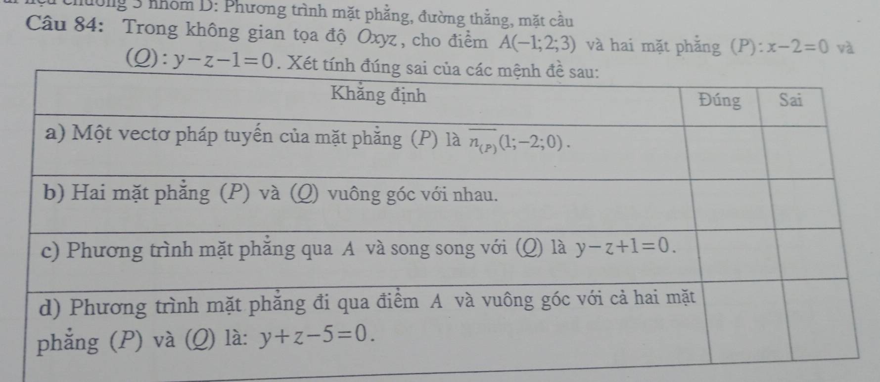 chường 3 nhóm D: Phương trình mặt phẳng, đường thằng, mặt cầu
Câu 84: Trong không gian tọa độ Oxyz, cho điểm A(-1;2;3) và hai mặt phăng (P):x-2=0 và
(0 ):y-z-1=0