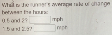 What is the runner's average rate of change 
between the hours:
0.5 and 2? mph
1.5 and 2.5? □ mph