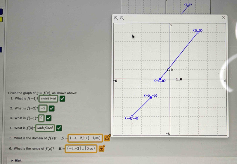 (3.5)
a
×
Given the graph of y=f(x) , as shown above:
1. What is f(-4) ? undefined
2. What is f(-2)? -2
3. What is f(-1)? 0 
4. What is f(3)? undefined
5. What is the domain of f(x) D=(-4,-2]∪ [-1,∈fty )
6. What is the range of f(x) ? R=(-4,-2] ∪ [0,∈fty )
Hint