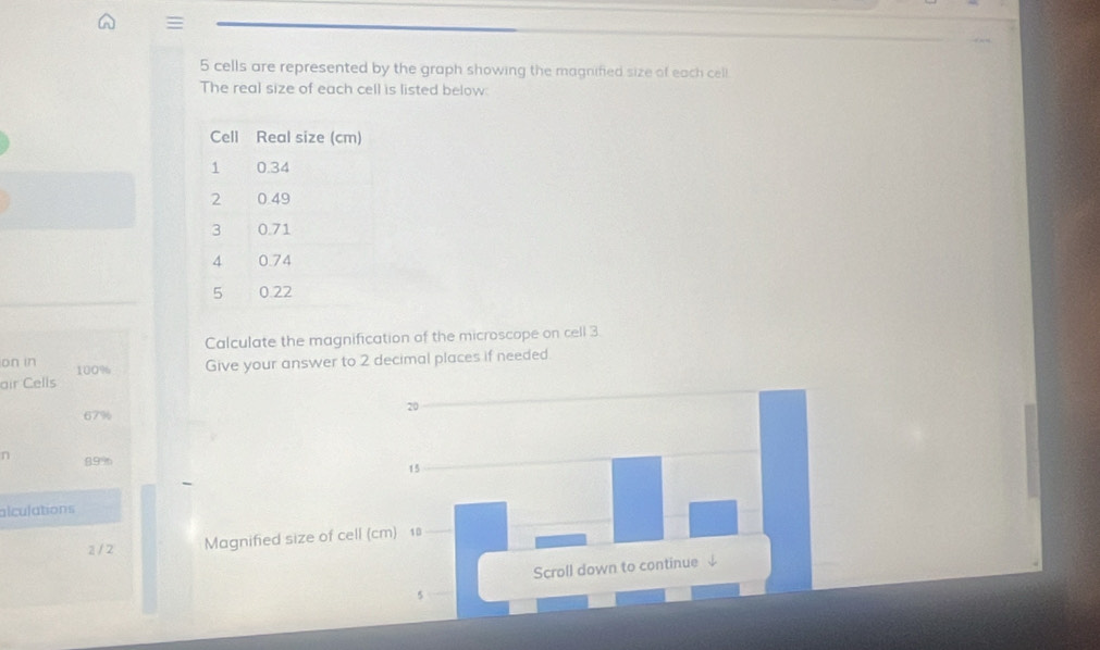 5 cells are represented by the graph showing the magnified size of each cell 
The real size of each cell is listed below: 
Calculate the magnification of the microscope on cell 3
air Cells Give your answer to 2 decimal places if needed. 
on in 100%
20
67%
n 89 n
15
alculations
2 / 2 Magnified size of cell (cm) 18
Scroll down to continue ↓
5