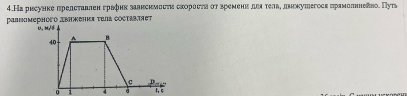 4.На рисунке представлен график зависимости скорости от времени для τелае движушегося прямолинейное Путь 
равномерного движения тела составляет